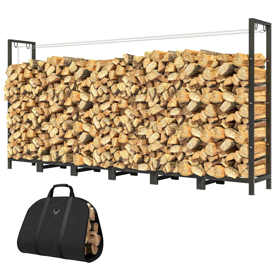 Outsunny Holzlager im Freien aus Stahl, Holzlager im Freien mit Holztasche, einstellbare Struktur und Metallketten, erhöhte Holzlagerung, 0,8m³, 235x31x116 cm, Schwarz   Aosom von Outsunny