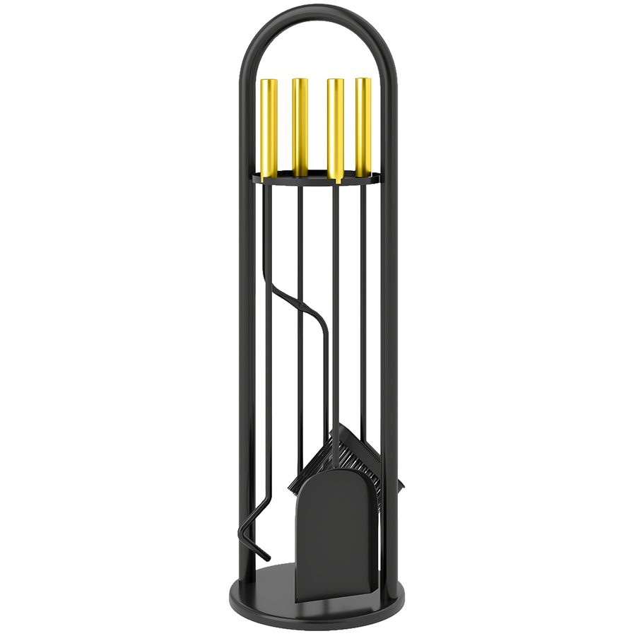 Outsunny Kaminwerkzeug-Set aus 5 Teilen, Kaminzubehör aus Metall mit Besen, Schaufel, 1 Paar Zangen, Poker und Ständer, 20x20x71 cm, Schwarz und Gold   Aosom von Outsunny