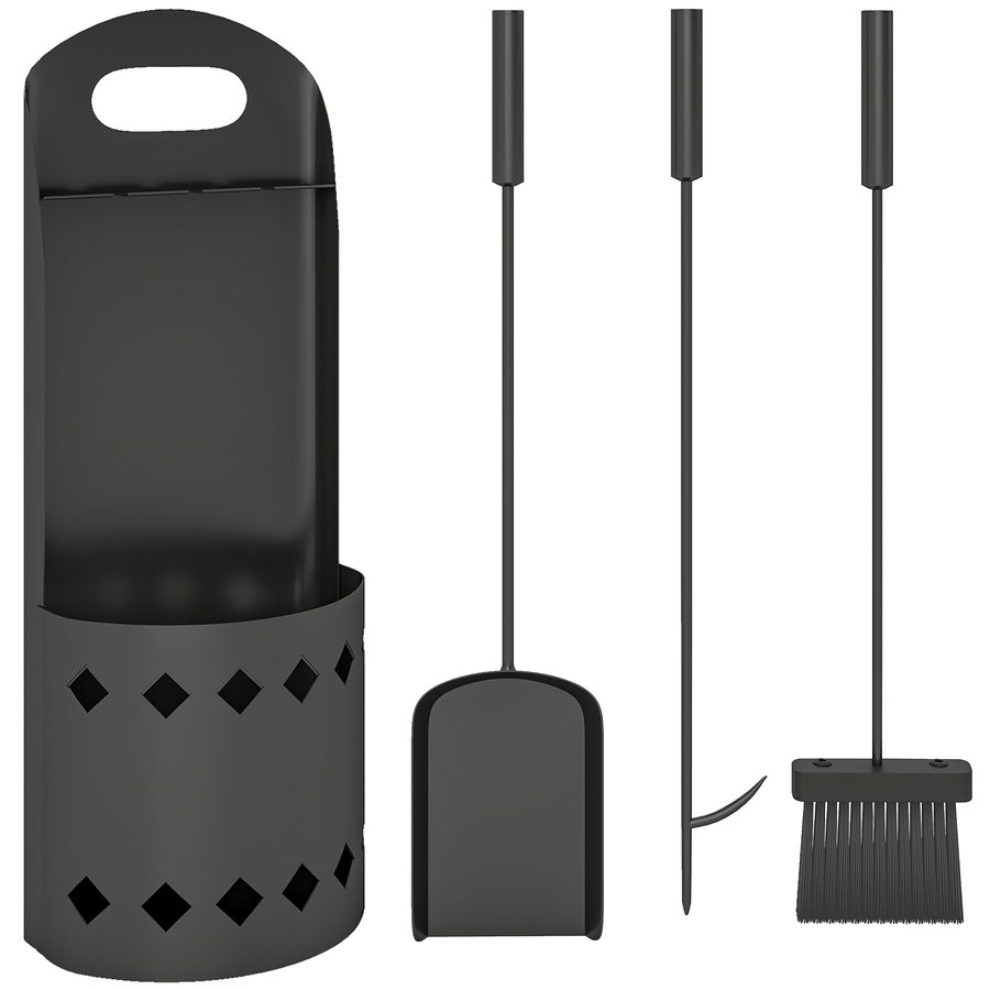 Outsunny 4-teiliges Kaminbesteck aus Metall, Kaminwerkzeugset mit Besen, Schaufel, Kaminhaken und Eimer, schwarz   Aosom von Outsunny