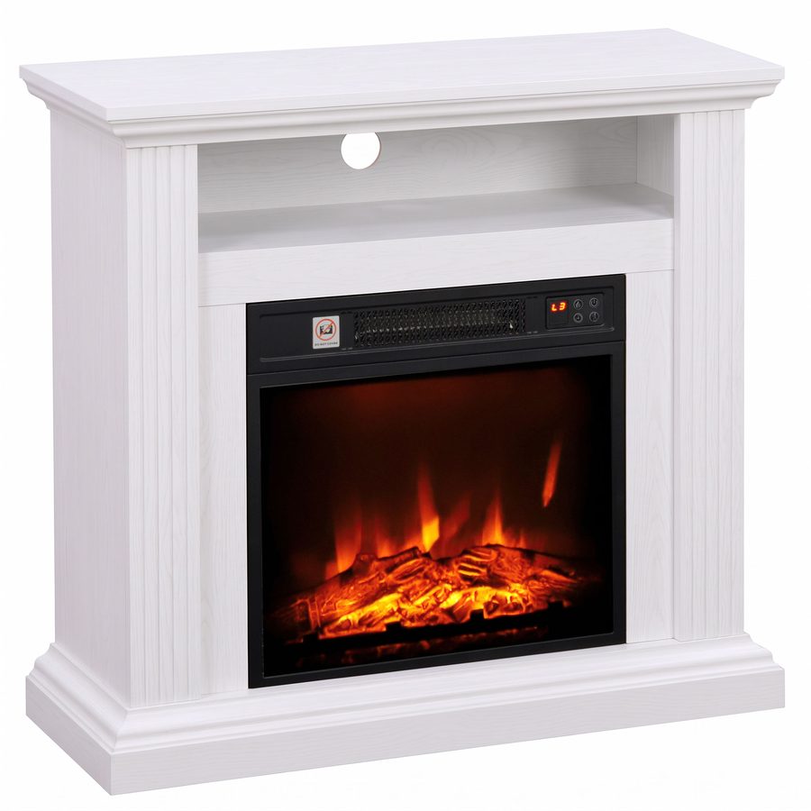 HOMCOM Elektrokamin 1800 W, realistischer 3D-Flammeneffekt, Dekokamin, TV-Möbel, Kaminsims, 3 Helligkeitsstufen, Thermostat, Fernbedienung, Timer, für 30 m², weißes Holzdekor   Aosom von HOMCOM