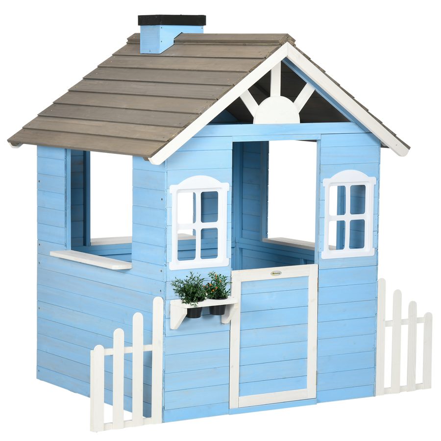 Outsunny Spielhaus für Kinder im Freien Spielhaus aus Holz mit Tür und Fenstern von 3 bis 7 Jahren - Maße 151L x 112,5B x 142H cm blau   Aosom von Outsunny