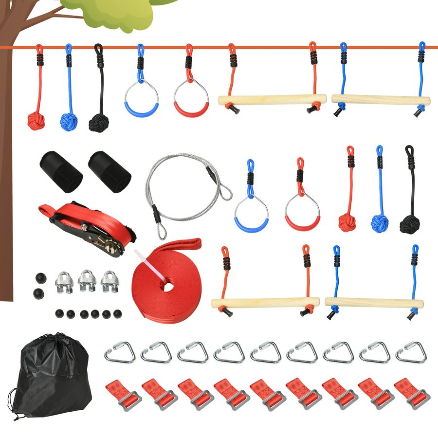 Outsunny Ninja Slackline Set 10m mit Kletterhindernissen, Affenknoten & Gymnastikringe für Kinder von 3-6 Jahren, Outdoor Spielzeug   Aosom.de von Outsunny
