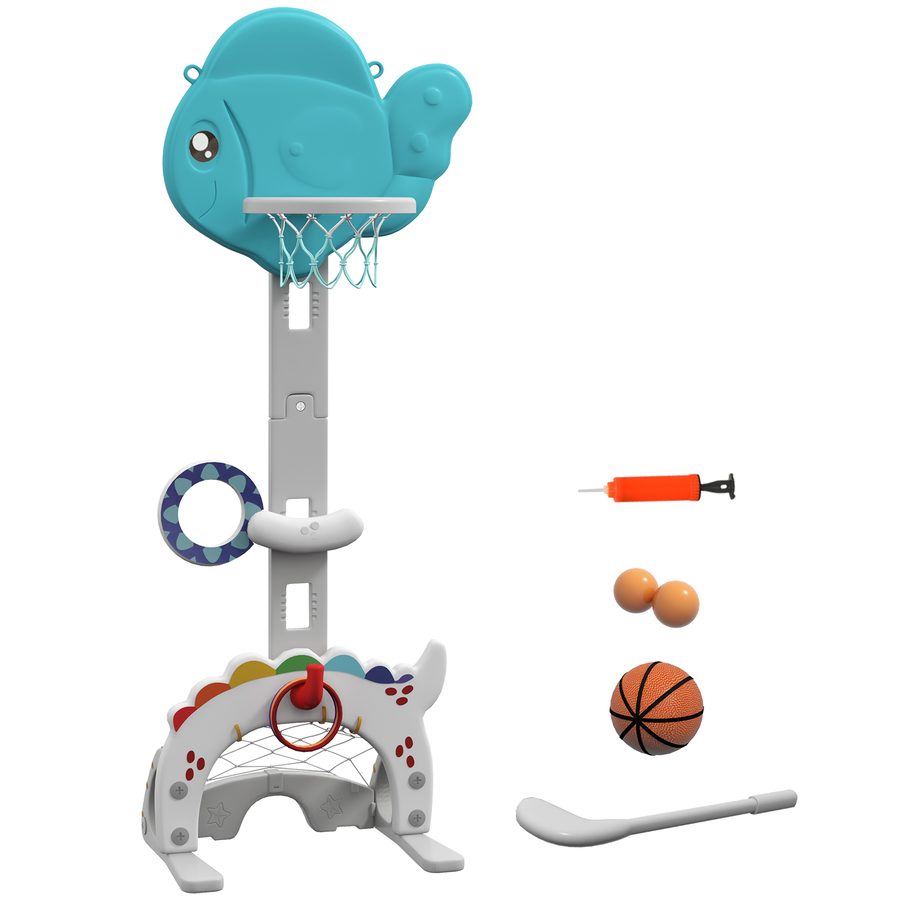AIYAPLAY 5 in 1 Kinder Basketballkorb Höhenverstellbarer 134-152 cm Basketballkorb mit Basketballs Pumpe Fußballtor Golfball Fischform Indoor Outdoor Spielzeug für Jungen Mädchen 3-6 Jahre Blau+Grau   Aosom von AIYAPLAY