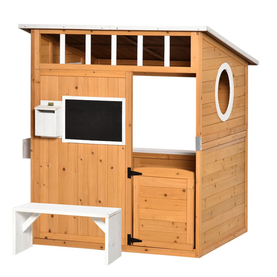 Outsunny Spielhaus für Kinder Holz Kinderspielhaus mit Fenster Briefkasten Outdoor Gartenspielhaus mit Blumentopfrack Holzspielhaus für 3-8 Jahre Tannenholz Natur 122 x 108 x 135,5 cm   Aosom von Outsunny