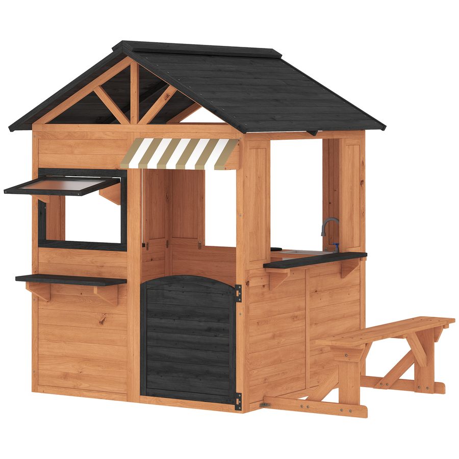 AIYAPLAY Kinderspielhaus aus Holz Spielhaus Outdoor mit Spielküche, Bank, Verkaufstheke, Fenster, Tür, Wasserhahn, Gartenhaus für Kinder von 3-8 Jahren 171,5 x 146 x 156 cm Braun   Aosom von AIYAPLAY