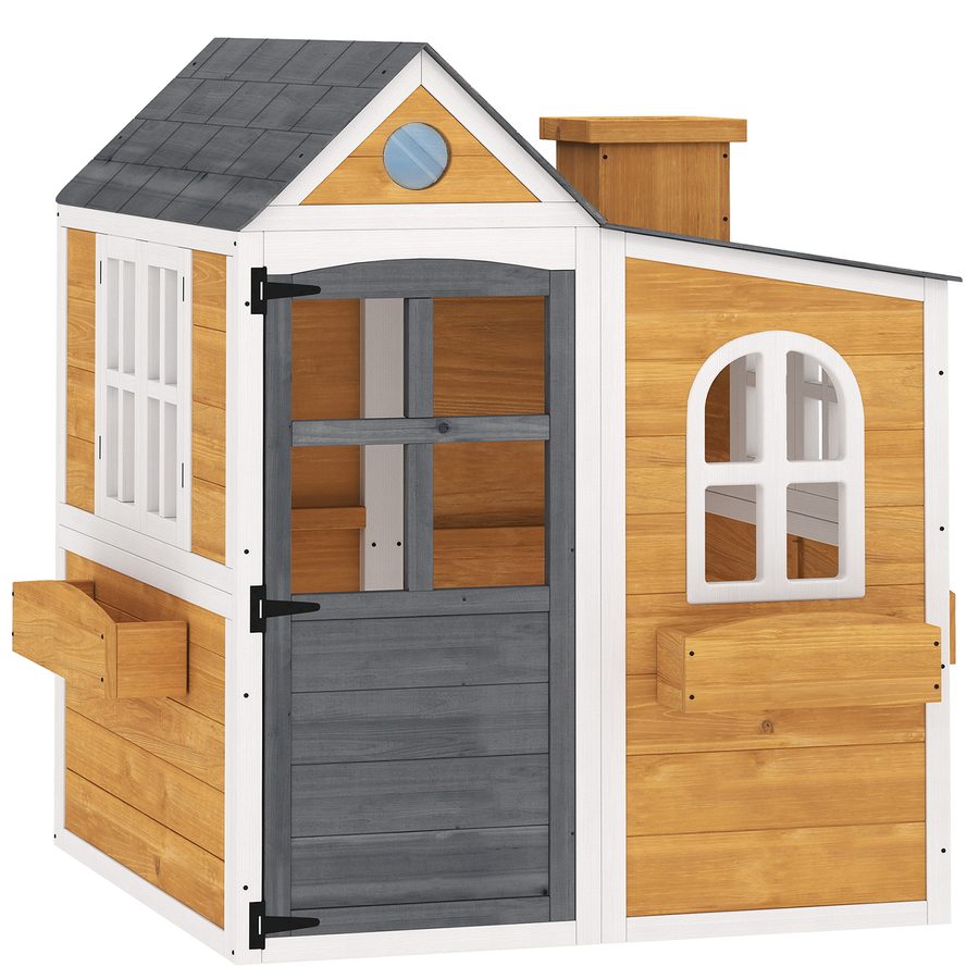 AIYAPLAY Außenspielhaus aus Holz, Außen-/Innen-Spielhaus mit Tür, Fenster, 3 Pflanzkästen, wetterfest, Spielhaus für 3-6 Jahre, 125,5x119x126 cm, gelb   Aosom von AIYAPLAY