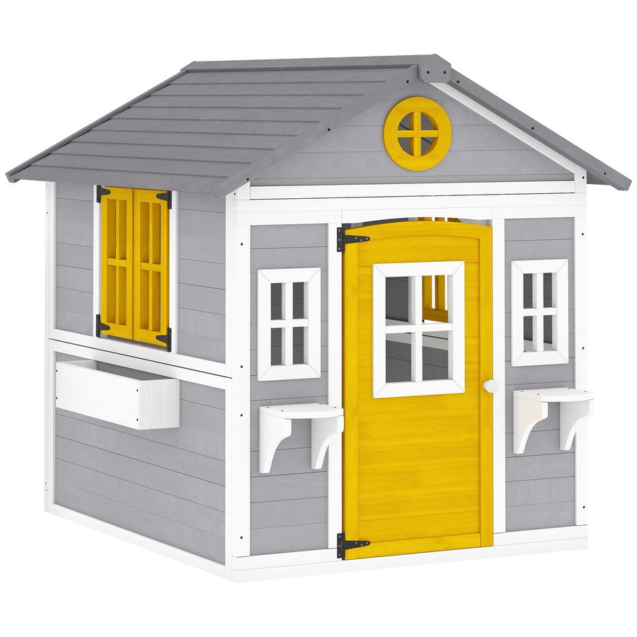 Outsunny Spielhaus Kinderspielhaus aus Holz mit Tür 6 Fenster 2 Blumenkästen 2 Blumenständern Wetterfestes Gartenhaus für Jungen und Mädchen von 3-8 Jahren Kinderspielzeug für Outdoor & Indoor Grau   Aosom von Outsunny
