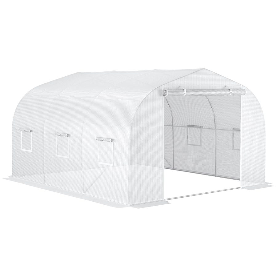 Outsunny Garten-Tunnelgewächshaus dim. 3,5L x 3B x 2H m Tür + 6 aufrollbare Fenster Verzinkter Stahl PE-Hochdichte-Plane Weiß   Aosom von Outsunny