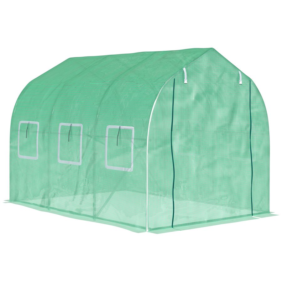 Outsunny Gartenhochhaus Tunnelgewächshaus, Tunnelgewächshäuser 6 m², mit 6 Fenstern und Reißverschlusstür, PE-Gewebe, feuerverzinktes Eisen, grün   Aosom von Outsunny