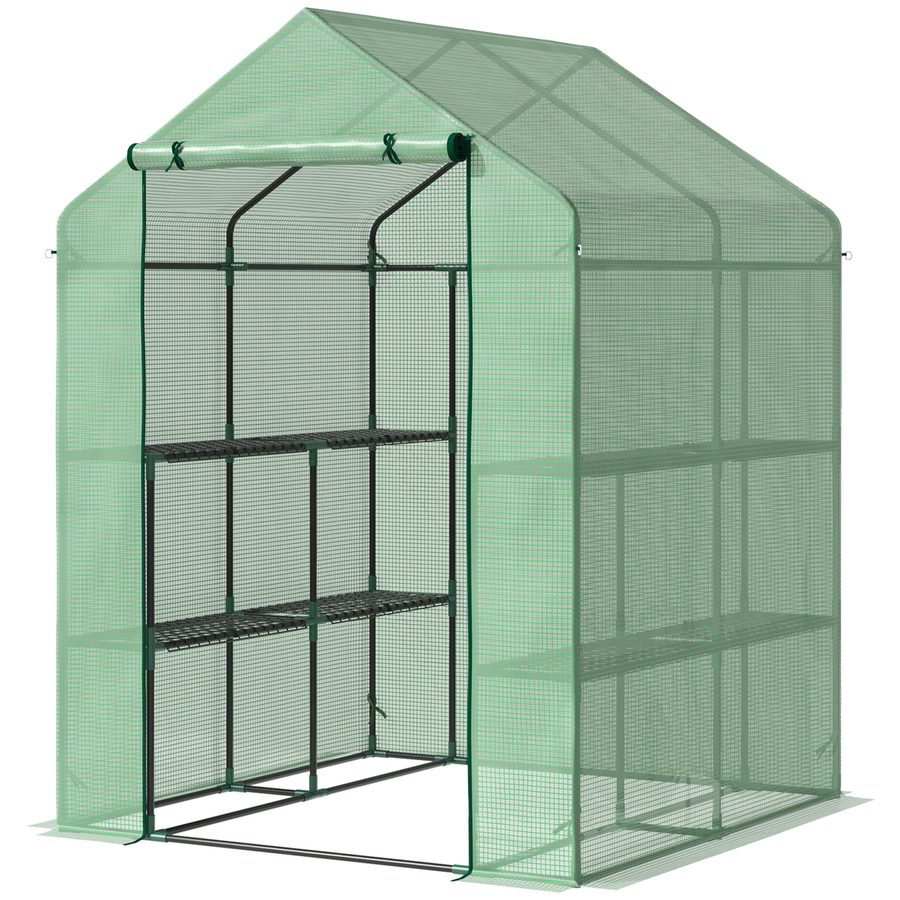 Outsunny Foliengewächshaus Begehbares Treibhaus mit 8 Regalen für Tomaten, Stahl & PE-Kunststoff, grün, mit Tür für optimale Pflanzenpflege   Aosom.de von Outsunny