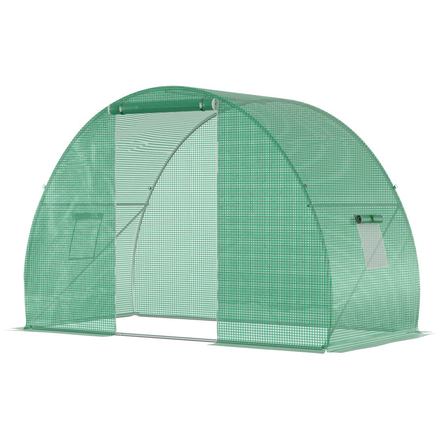 Outsunny Gartengewächshaus Tunnel Wintergewächshaus Bodenfläche 4,5 m² Maße 3L x 1,5B x 2H m Verstärktes Stahlgestänge Reißverschlusstor 2 aufrollbare Fenster Grün   Aosom von Outsunny