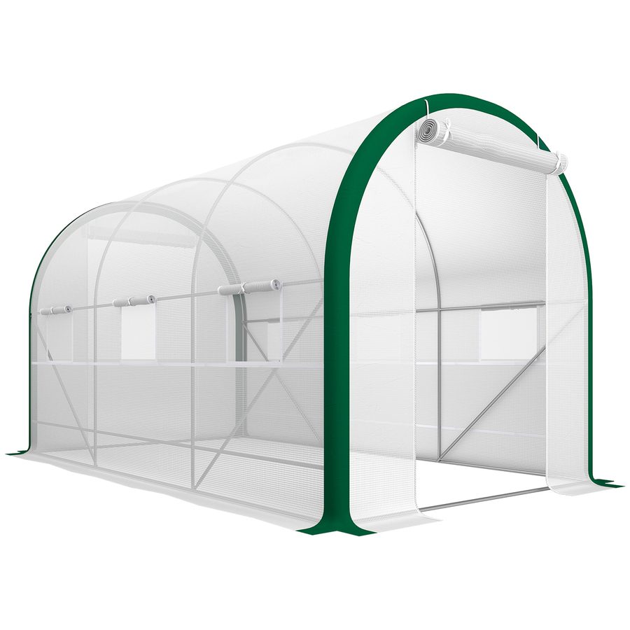Outsunny Foliengewächshaus 3,58 x 2,1 x 2,1 m Tunnelgewächshaus mit Rolltür für Garten & Balkon, verzinkter Stahl, weiß   Aosom.de von Outsunny
