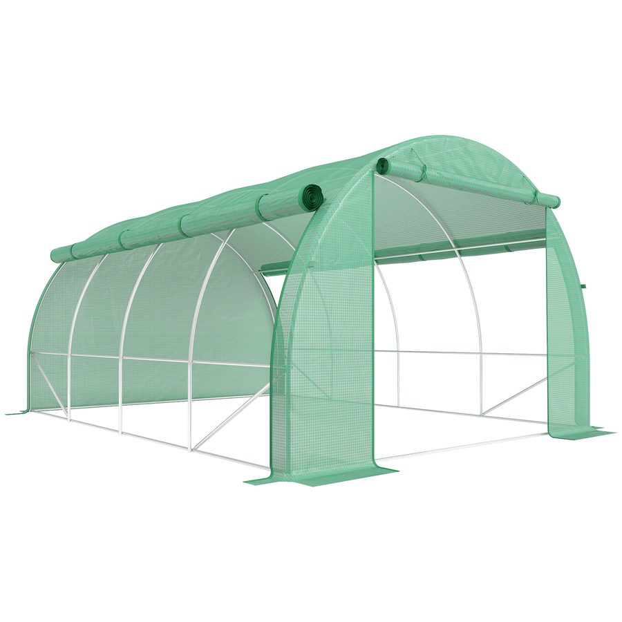 Outsunny Foliengewächshaus Polytunnel 3,97x3x2m, begehbar mit UV-Schutz, aufrollbaren Abdeckungen aus Stahl, grün für Garten & Pflanzen   Aosom.de von Outsunny