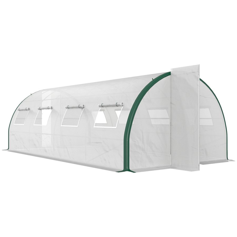 Outsunny Tunnelgewächshaus 18 m², Tunnelgewächshaus 600x300x200 cm PE-Abdeckung 140 g/m², verlängerter Rand 20 cm, Türen und 8 Fenster mit Fliegengitter, für alle Jahreszeiten, weiß   Aosom von Outsunny