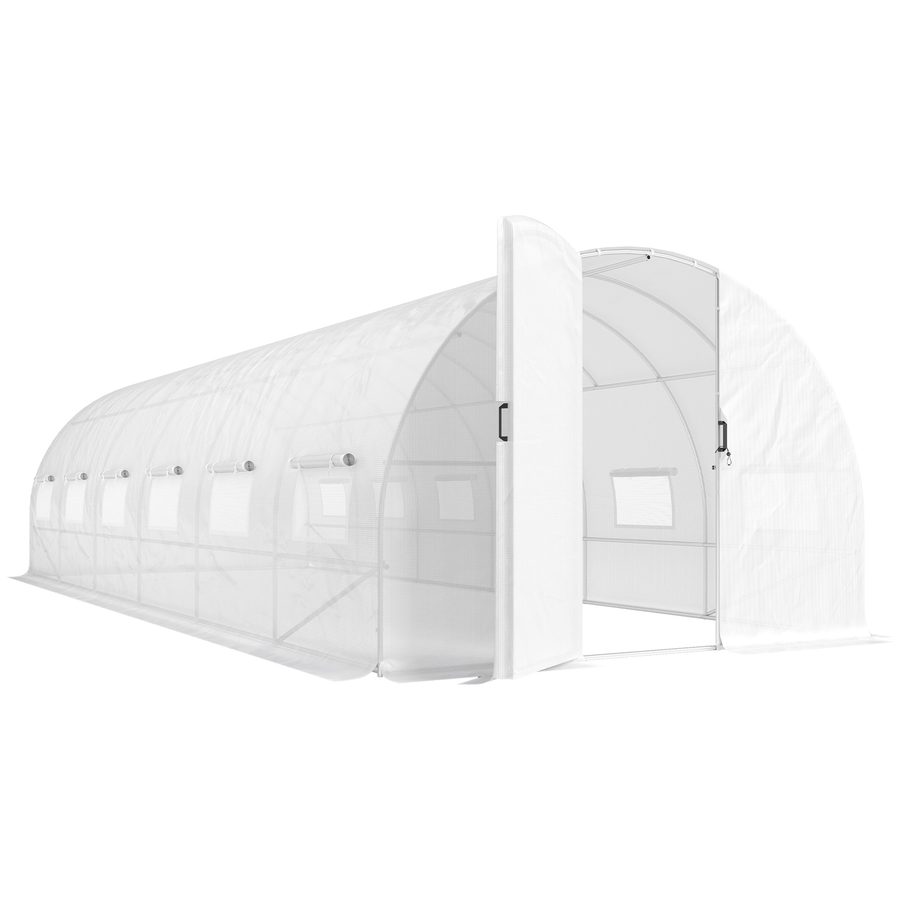 Outsunny Tunnelgewächshaus 24 m², Tunnelgewächshaus 295x798x199 cm mit Tür und 12 aufrollbaren Fenstern mit Fliegengitter, PE-Plane 140 g/m² mit 20 cm verlängerter Einbuddelkante, für Außen, Weiß   Aosom von Outsunny