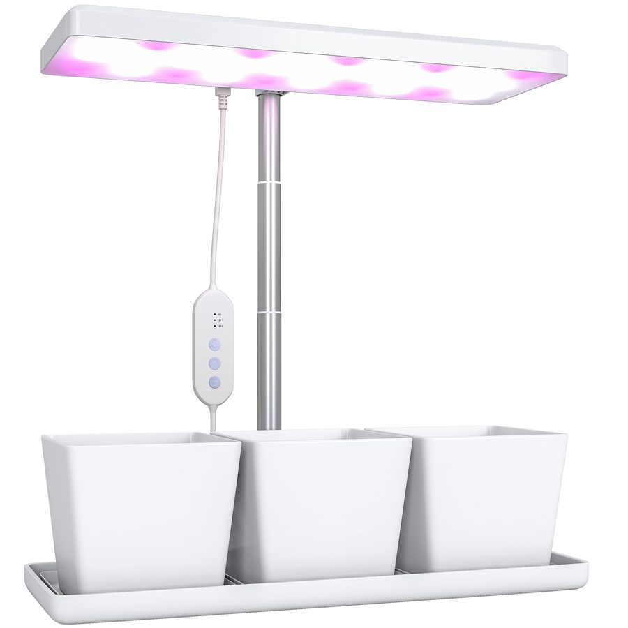 Outsunny Wachstumsleuchte 10W Vollspektrum-LED Pflanzenlampe mit 3 Pflanzkästen, automatischer Ein-/Ausschalt-Timer 8/12/16/24 H, 5 Helligkeitsstufen, höhenverstellbar, weiß   Aosom von Outsunny