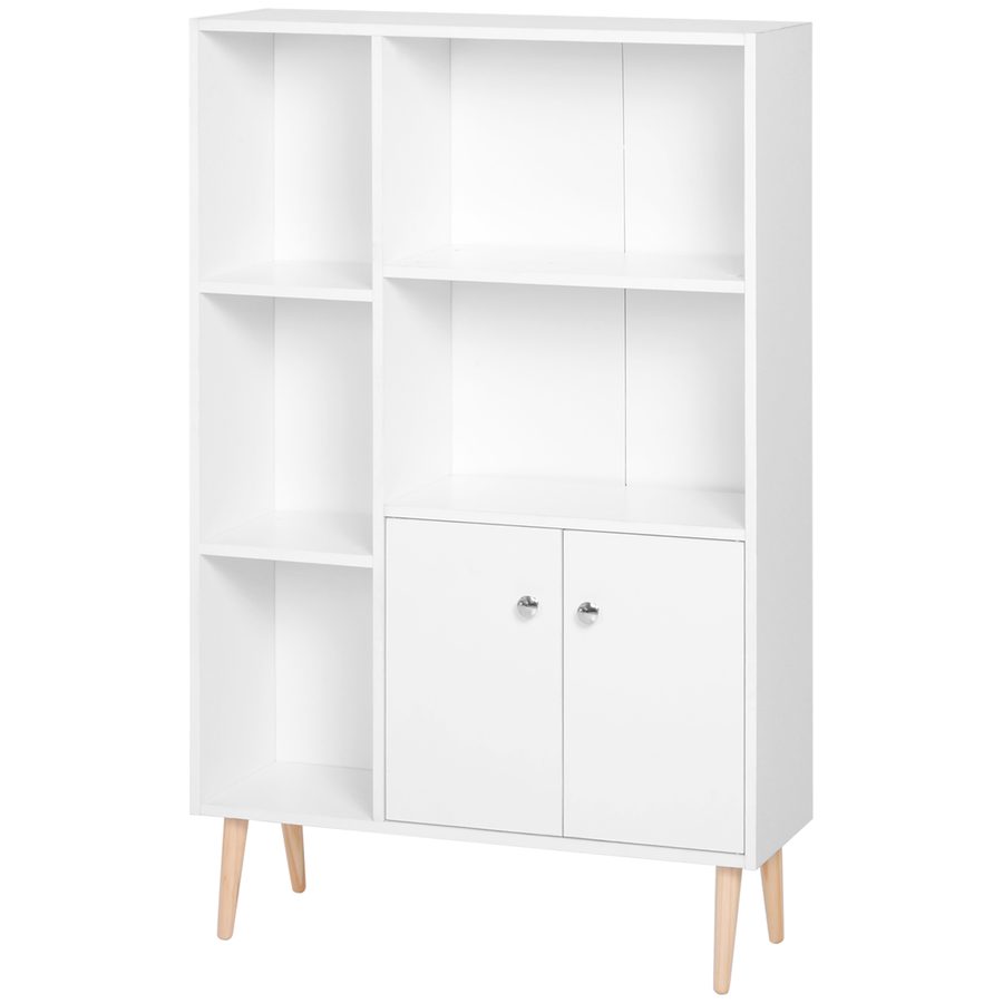 HOMCOM Skandinavisches Bücherregal mit Abmessungen 80L x 23,5B x 123H cm, 5 Nischen, Schrank, 2 Türen, schräge massive Holzfüße, Spanplatten in Weiß   Aosom von HOMCOM