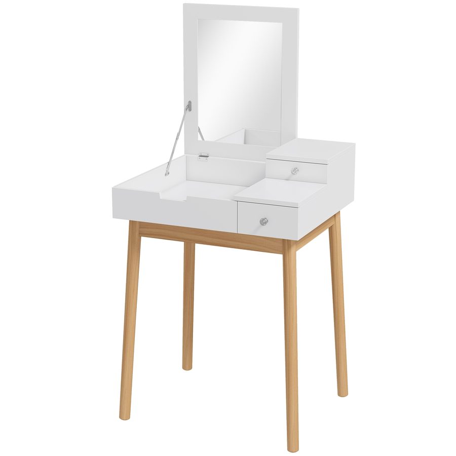 HOMCOM Schminktisch Frisiertisch Kosmetiktisch mit aufklappbarem Spiegel Holzfüße Weiß+Natur 60 x 50 x 85,5cm   Aosom von HOMCOM
