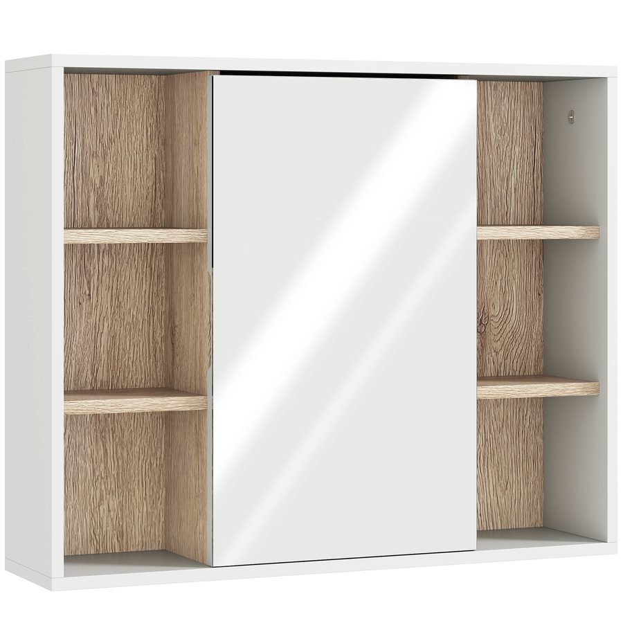 HOMCOM Spiegelschrank Badschrank Hängeschrank Badmöbel Wandschrank Mehrzweckschrank, Spanplatte+MDF, Weiß + Natur 60 x 14,5 x 49,4 cm   Aosom von HOMCOM