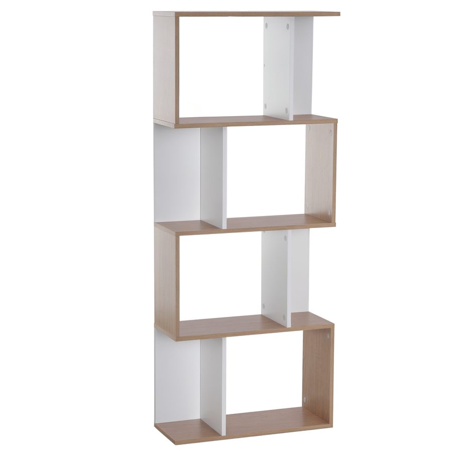 HOMCOM  Bücherregal S-förmiges Standregal Lagerregal 4-stufige Vitrine mit Hardware-Schnalle moderner Raumteiler Spanplatte Naturholz+Weiß    Aosom von HOMCOM