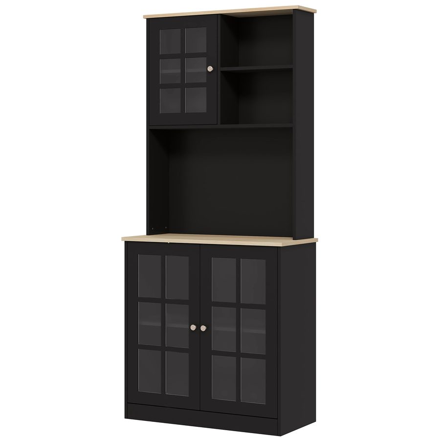 HOMCOM Küchenbuffet Küchenvitrine mit viel Stauraum, 3 Glastüren, Regalboden, 2 Fächer, großer Arbeitsplatz, MDF Schwarz Eiche   Aosom von HOMCOM