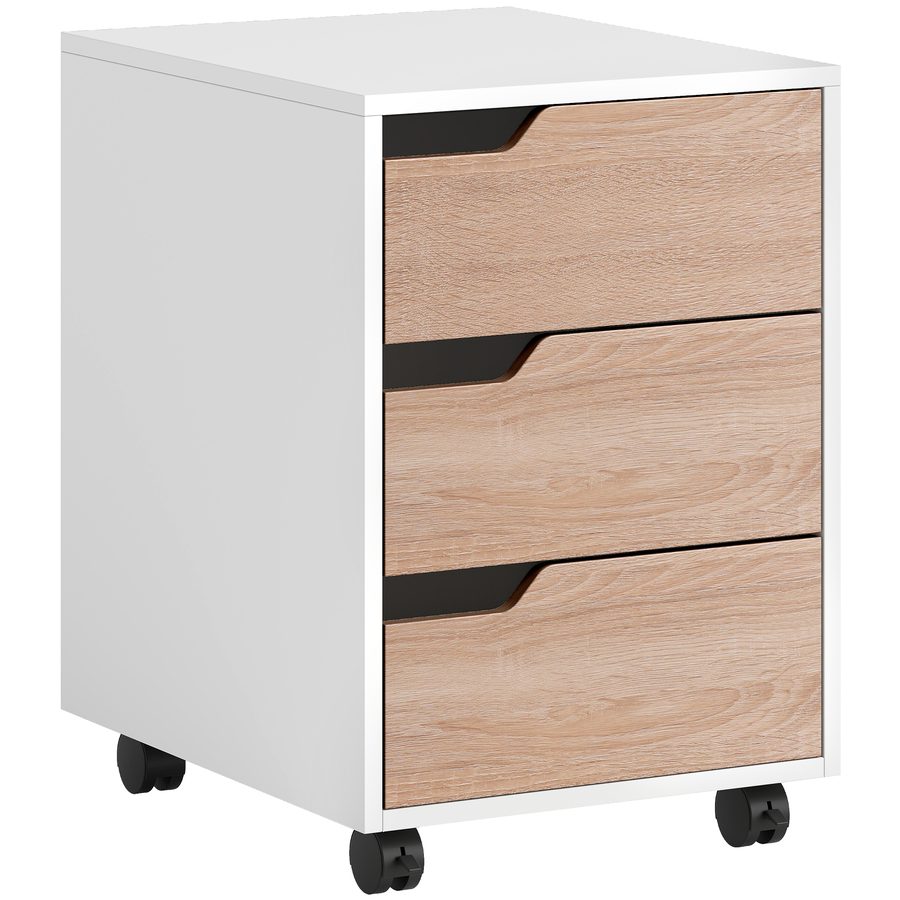 HOMCOM Rollcontainer, Aktenschrank, Bürocontainer mit 3 Schubladen, Büroschrank, Aufbewahrung, Container,4 Universalräder, MDF, Natur+Weiß   Aosom von HOMCOM