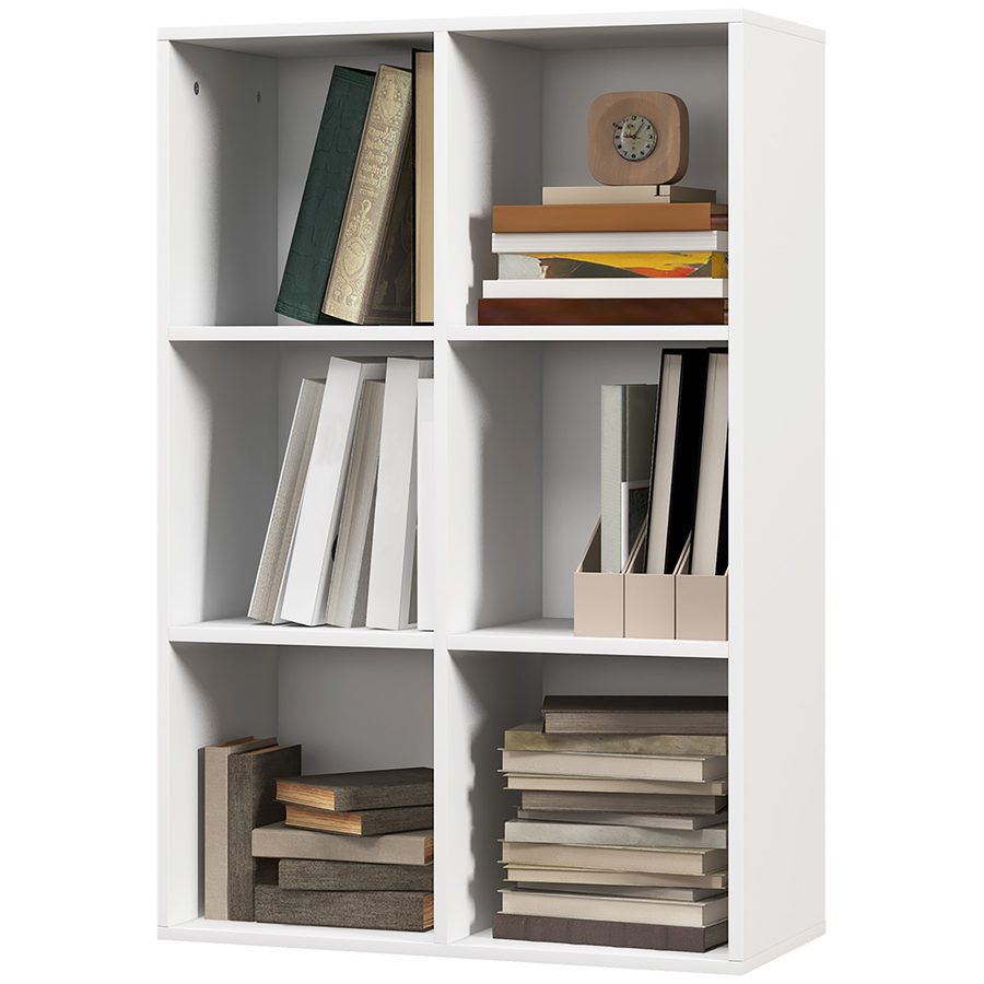 HOMCOM Würfelregal mit 6 Fächern, Platzsparendes Regal aus Holz, Raumteiler für Wohnzimmer, Schlafzimmer und Büro, 65,5x30x97,5 cm, Weiß   Aosom