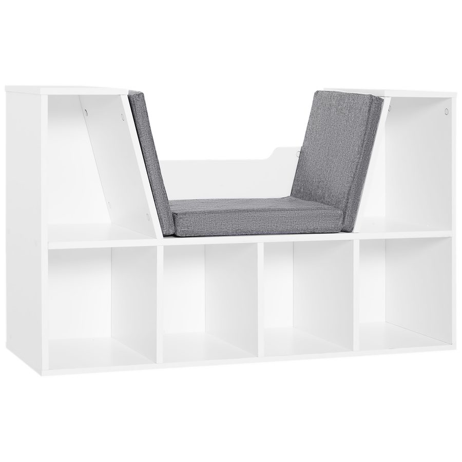 HOMCOM Bücherregal mit Sitzhocker Sitzbank Sitzbänke & -truhen mit 6 Stauräumen Sitzbar mit Kissen Schaumstoff Leinen Weiß+Grau 102 × 30 × 61 cm   Aosom von HOMCOM
