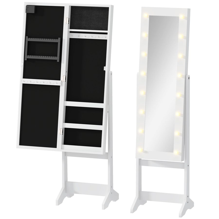 HOMCOM LED Schmuckschrank mit Spiegel Spiegelschrank Standspiegel Schmuckregal Spiegel verstellbar Cremeweiß 136 cm hoch   Aosom von HOMCOM