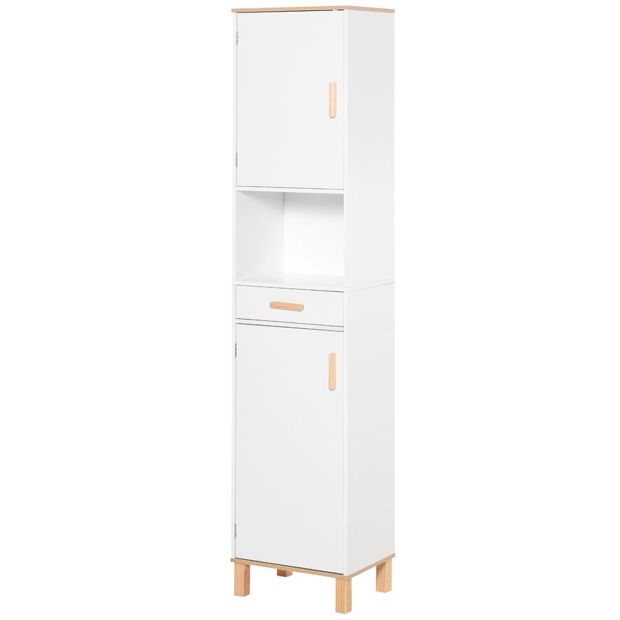 kleankin Badschrank Platzsparend aus Holz, Hochschrank mit Schränken und Schublade, 39x30x180cm, Weiß   Aosom von Kleankin