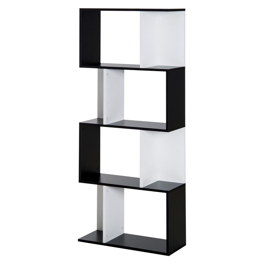 HOMCOM  Bücherregal S-förmiges Standregal Lagerregal 4-stufige Vitrine mit Hardware-Schnalle moderner Raumteiler Spanplatte Schwarz+Weiß   Aosom von HOMCOM
