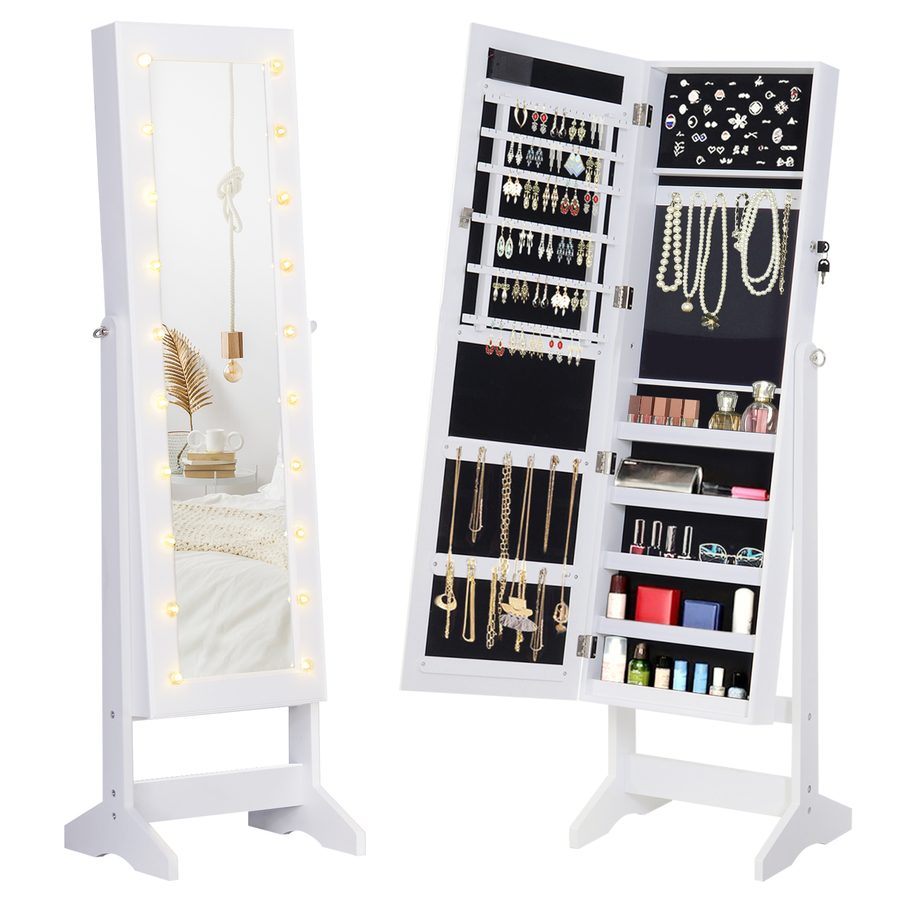 HOMCOM Schmuckschrank Schmuckkoffer Verstellbarer Spiegel 20 LED-Lichter, Holz, Weiß, 40x37x146 cm   Aosom von HOMCOM
