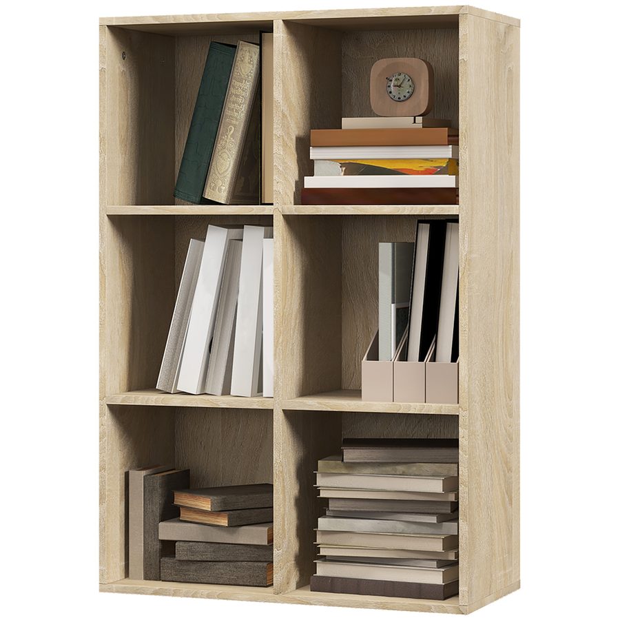 HOMCOM Mobiles Würfelregal mit 6 Fächern, Platzsparendes Holzregal, Raumteilerregal für Wohnzimmer, Schlafzimmer und Büro, 65,5x30x97,5 cm, Farbe Eiche   Aosom von HOMCOM