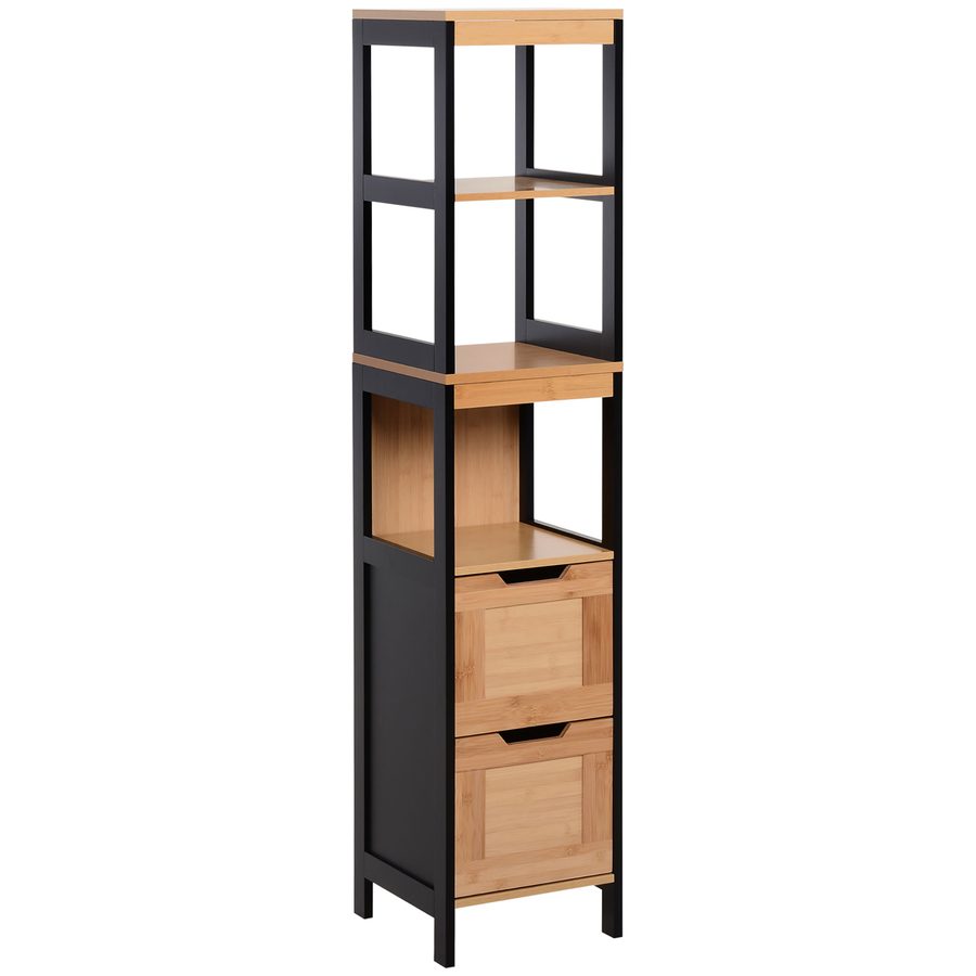 kleankin Badezimmerregal, Badeschrank, Küchenschrank, 2 Schubladen, 3 Ablagen, Bambus MDF, 30 x 30 x 144,3 cm   Aosom