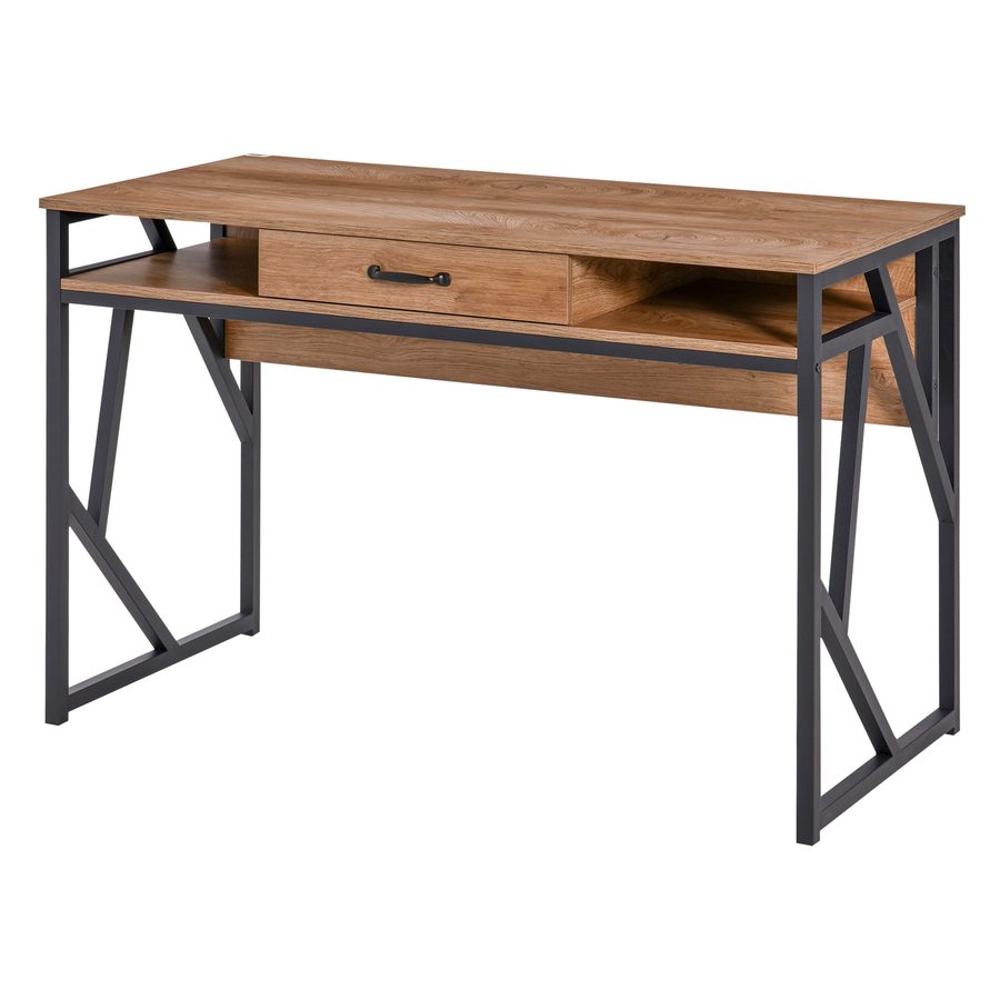 HOMCOM Schreibtisch im Industriestil dim. 120L x 60B x 76H cm mit Schublade + 2 Fächern Metallgestell Schwarz Arbeitsplatte in Nussbaumoptik   Aosom von HOMCOM