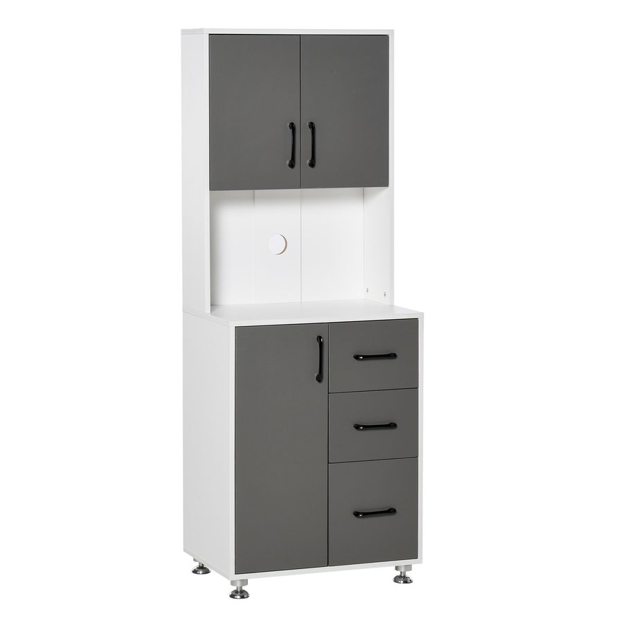 HOMCOM Küchenschrank Hochschrank mit 2 Türen und 3 Schubladen, Mikrowellenregal Küchenbuffet, Aufbewahrungsschrank aus Spanplatte und Stahl, Grau und Weiß 60x40x160 cm   Aosom.de von HOMCOM