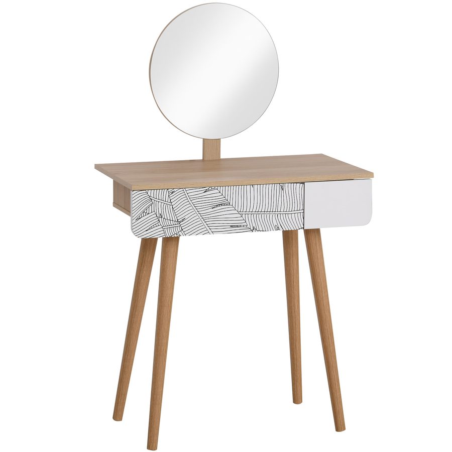 HOMCOM Schminktisch Kosmetiktisch mit Spiegel Frisierkommode Schmuck Schubladen Spanplatte Weiß+Eiche 70 x 39 x119-128 cm   Aosom von HOMCOM