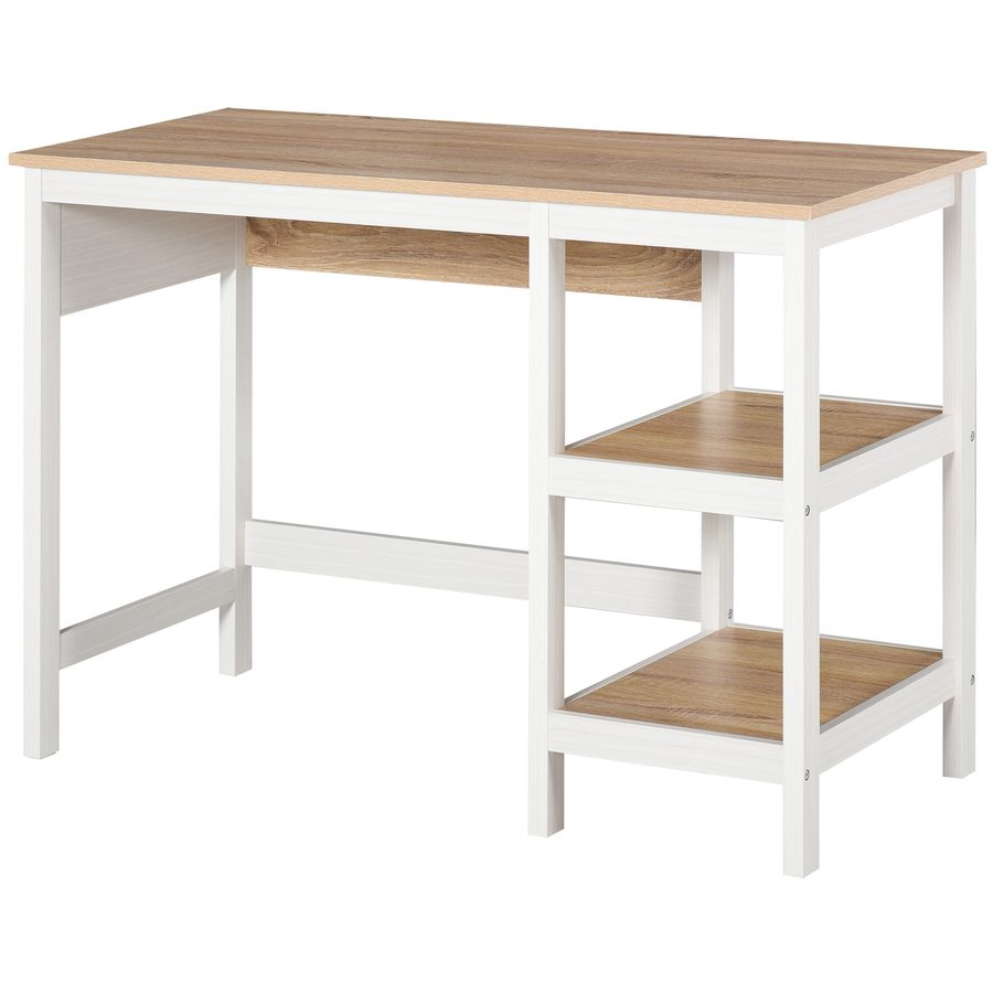 HOMCOM Schreibtisch mit 2 Ebenen Regal, Computertisch, Bürotisch, MDF, Natur+Weiß, 110 x 48 x 76,2 cm   Aosom von HOMCOM