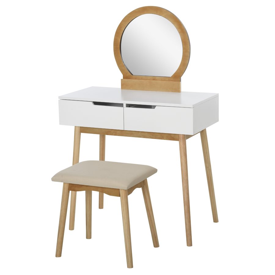 HOMCOM Coiffeuse Design scandinave Schminktisch mit Spiegel, 2 Schubladen und Hocker Weiß Kiefer Hell   Aosom von HOMCOM