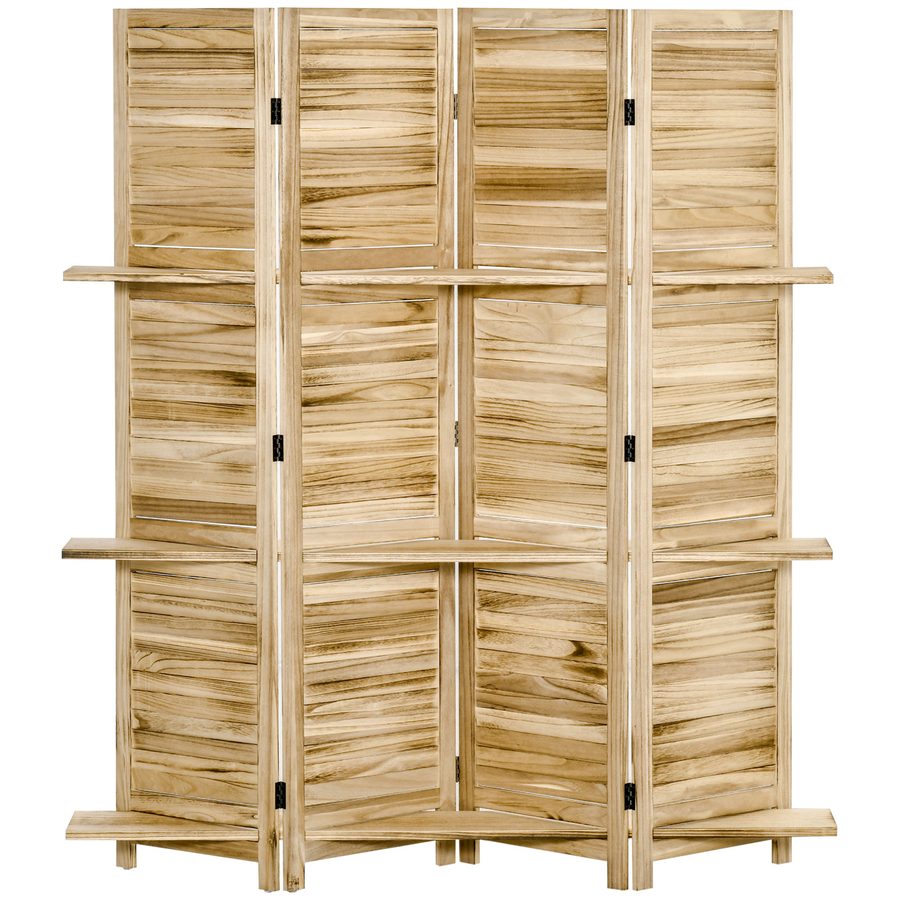 HOMCOM Innenraum-Paravent 4 Panels 162 B x 170 H cm 3 Regale faltbarer Raumteiler Lamellentüren Paulownia-Holz Kiefernautoklav-Optik   Aosom von HOMCOM