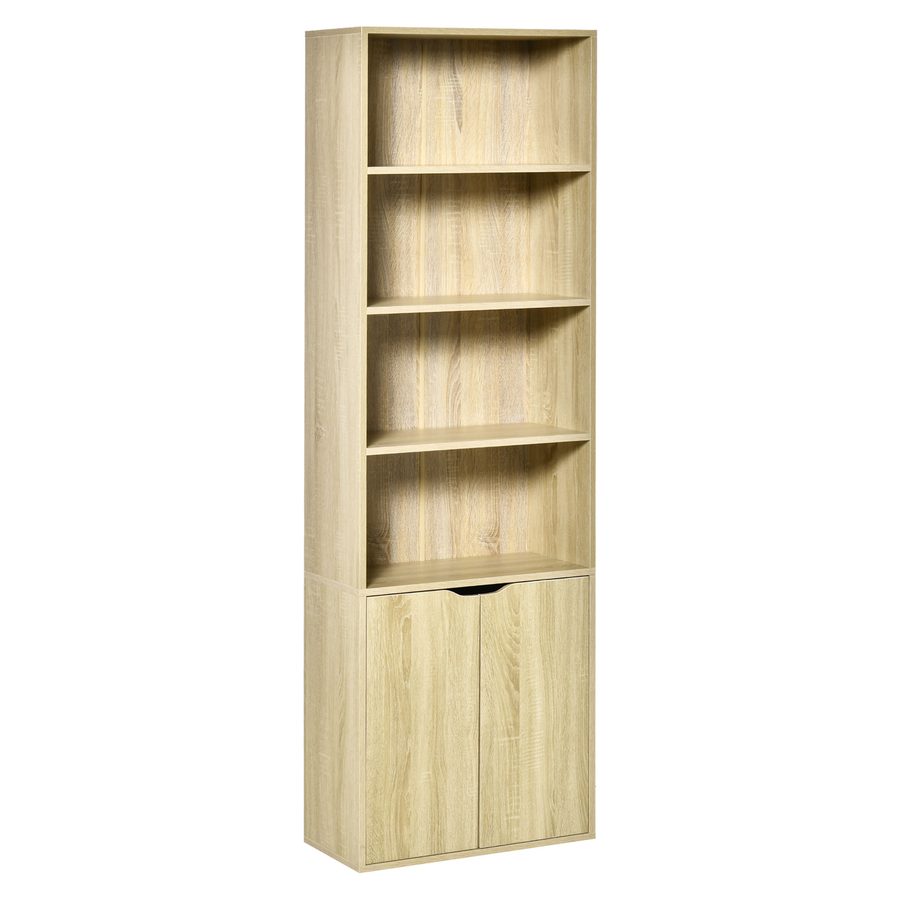 HOMCOM 6-stufiges Bücherregal, Aufbewahrungsmöbel, Bücherregal 59 x 29 x 180 cm mit 4 offenen Fächern und 2 Türen, Aufbewahrungsregal für Wohnzimmer, Schlafzimmer, Büro, Naturholz   Aosom von HOMCOM