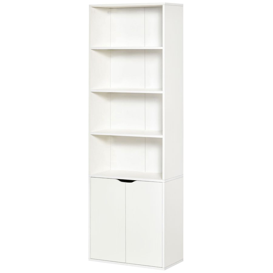 HOMCOM Bücherregal Aufbewahrungsregal Bücherschrank mit 4 offenen Fächern und 2 Türen, Regal für Wohnzimmer, Schlafzimmer, Büro, 59 x 29 x 180 cm, weiß   Aosom von HOMCOM