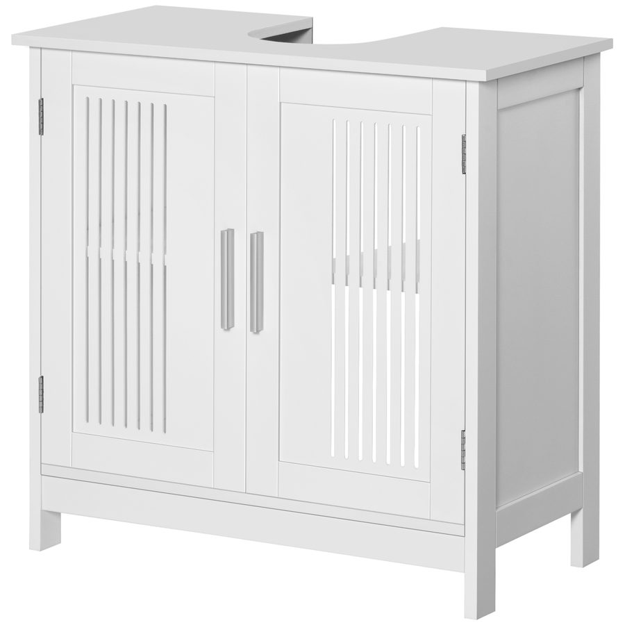 Kleankin Badezimmer-Unterschrank - Waschtischunterschrank - 2 gerillte Türen mit höhenverstellbarem Regal - Griffe aus Aluminiumlegierung - Maße 60L x 30B x 60H cm - MDF Weiß   Aosom von Kleankin