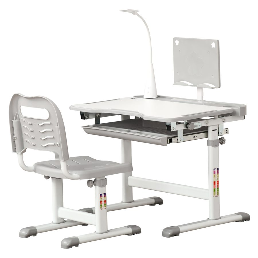 HOMCOM Kinder Schreibtisch mit Stuhl - Kinder Schreibtisch und Stuhl Set höhenverstellbar - Lampe, Leseständer, ausziehbares Tablett mit Mehrfachspeicherung - Grau Weiß   Aosom von HOMCOM