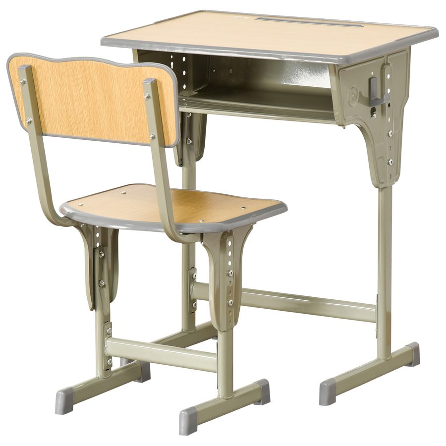 HOMCOM Kinder-Schreibtisch Vintage Schulbank-Stil - Kinder-Schreibtisch und Stuhl verstellbar - Kasten, Taschenhalter, Stiftehalter - Stahl in Khaki MDF-helle Holzoptik   Aosom von HOMCOM