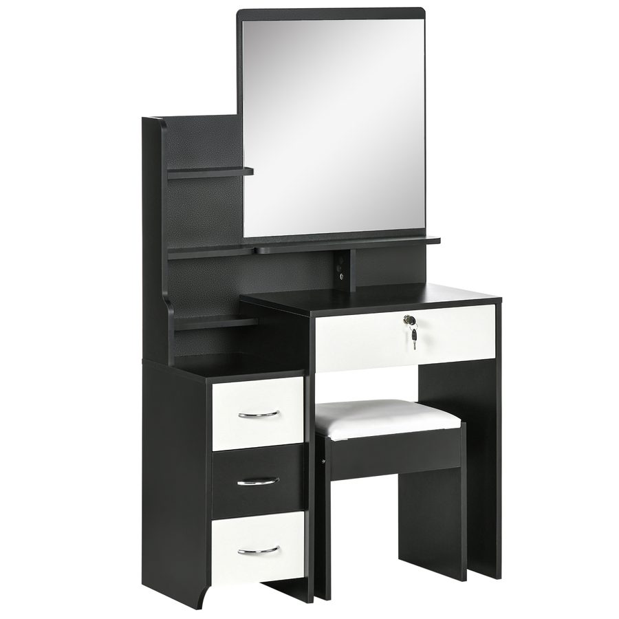 HOMCOM Schminktischset mit Schminktisch und gepolstertem Hocker großem Spiegel + mehreren offenen Regalen + 4 Schubladen Schwarz Weiß   Aosom von HOMCOM