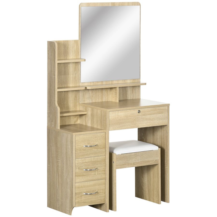 HOMCOM Schminktisch-Set mit Make-up-Tisch, gepolstertem Hocker, großem Spiegel, mehreren offenen Regalen + 4 Schubladen in Naturholz   Aosom von HOMCOM