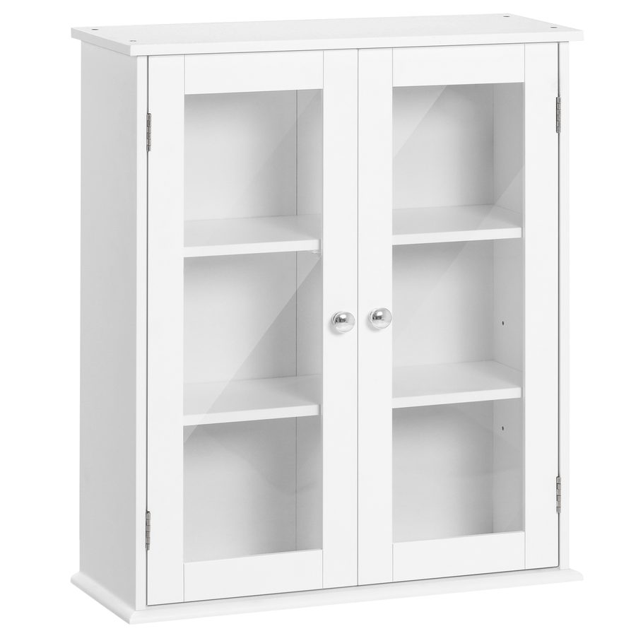 kleankin Badezimmerschrank Wandhängeschrank 2 Türen aus Holz und Glas, Wandmontage-Multifunktionsschrank mit verstellbarem Regal und Magnetschloss, 55x20x65 cm, Weiß   Aosom von Kleankin