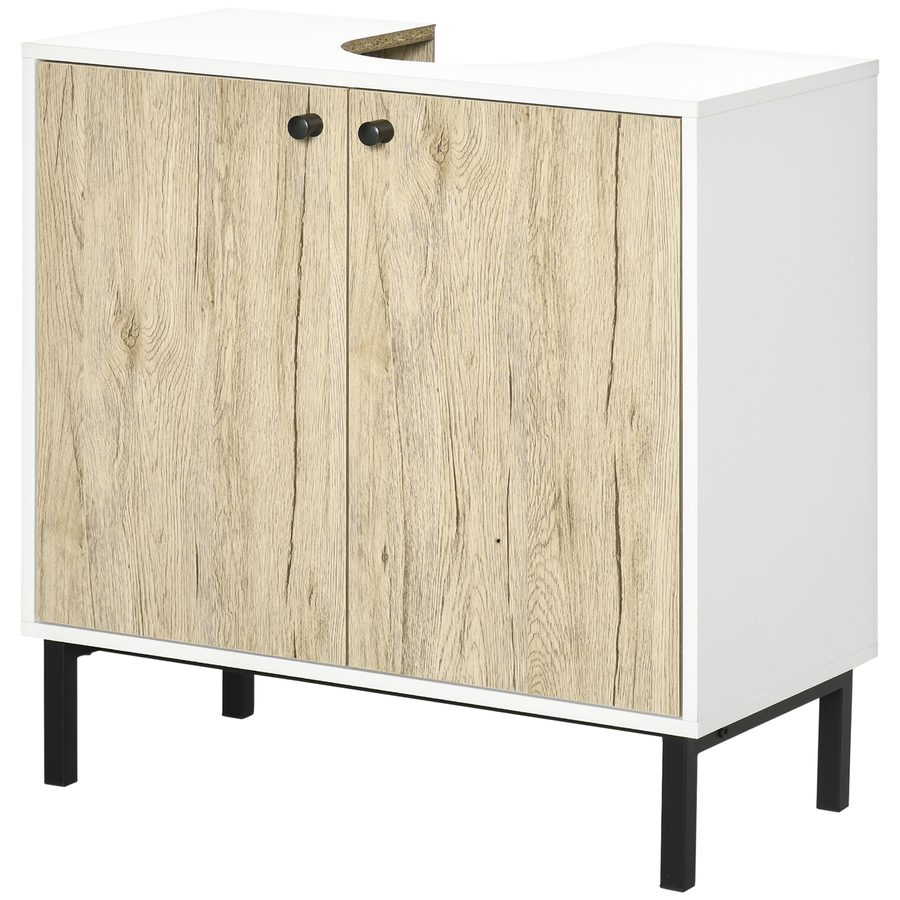 Kleankin Waschtischunterschrank Badezimmermöbel Abstellraum modernes Metallgestell doppelte Tür 60 x 30 x 60 cm - weiß und Holzfarbe   Aosom von Kleankin
