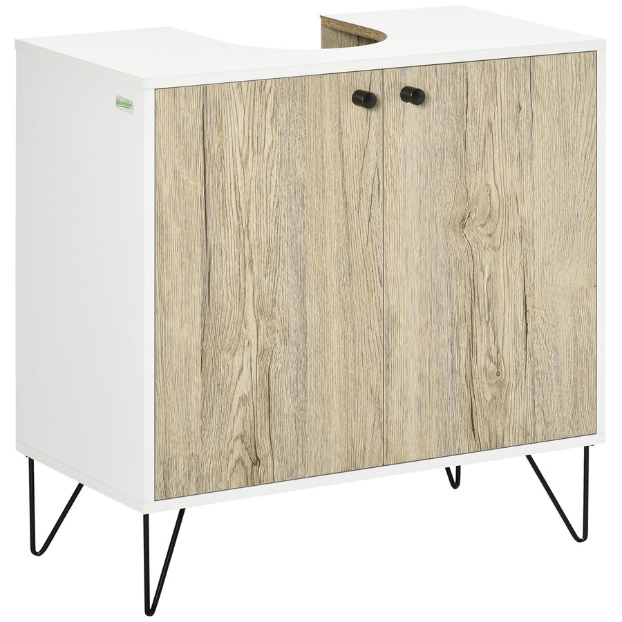 kleankin Waschbecken-Unterschrank, Badezimmermöbel mit 2 Türen und Einlegeboden, Stahlfüße, Unterschrank fürs Waschbecken, moderner Stil, 60 x 30 x 60 cm, weiß und Naturholz   Aosom von Kleankin